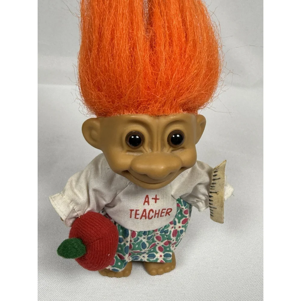 Russ Troll Doll A+ Teacher, Orange Hair, Ruler Apple Outfit Vintage 1980s School